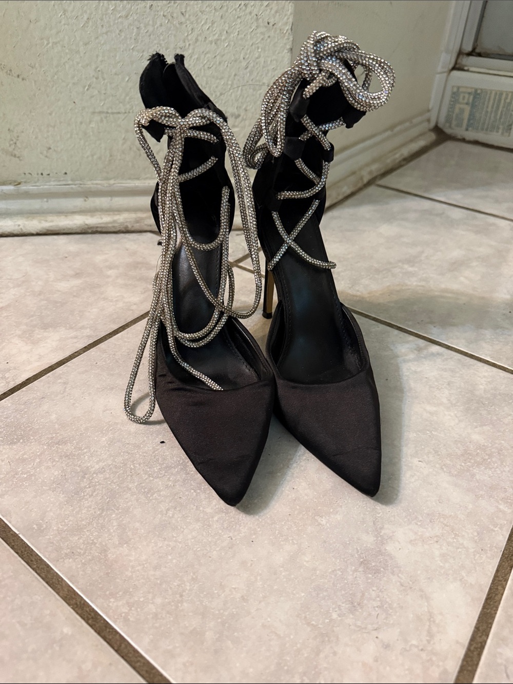Black Pointed Toe Stiletto Heels with Crystal Lace-Up Straps